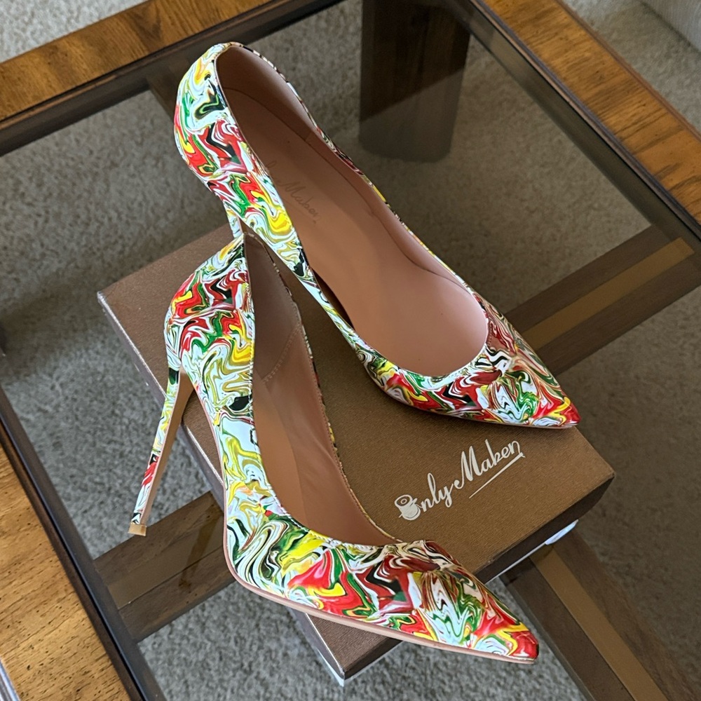 Only Maker 12cm Stiletto Pointed Toe Pumps Red/Green/Yellow/White Swirl EU46